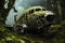 Airplane wreck in the jungle. Crash site. Wracked old rusty Airplane overgrown with foliage in jungle forest.