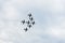 Airplanes on airshow, jets flying. Aircrafts in flying. Exciting performance. Air performance, aircrafts, flying display