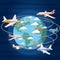 Airplanes around the world concept, cartoon style