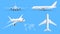 Airplanes on blue background. Industrial blueprint of airplane. Airliner in top, side, front view. Flat style vector