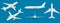 Airplanes on blue background. Industrial blueprint of airplane. Airliner in top, side, front view and isometric. Flat