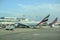 Airplanes docked at Changi International Airport in Singapore