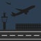 Airplanes fly at the airport. Silhouettes of liners, vector illustration flat design