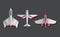 Airplanes and military aircraft top view. 3d airliner and fighter vector icons. Airplane top view, air transport model