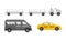 Airport airfield vehicles set. Taxi cars, mobile trolley for transporting baggage vector illustration