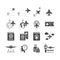 Airport, airline and airplane black vector icon set