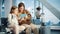 Airport Airplane Terminal: Cute Mother and Little Daughter Wait for their Vacation Flight, Play e-