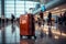 Airport ambiance A luggage bag blends into the bustling, blurred background