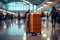 Airport ambiance A luggage bag blends into the bustling, blurred background