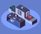 Airport baggage scanner isometric color vector illustration