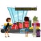 Airport conveyor belt with passengers take luggage bags vector illustration. Man and woman taking baggage and suitcase