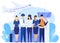 Airport crew standing together, professional airline team in uniform, people vector illustration