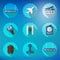 Airport Flight traveling Flat Vector Icon Set. Include passport, tickets, arrivals dispatures signs, control tower room etc.