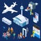 Airport isometric vector concept. Passenger luggage, airport terminal, tower plane passport checkpoint