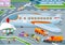 Airport life illustration with planes, buses, luggage, passengers, work, vector illustration, cartoon illustration