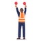 Airport Marshaller Male Character with Light Signs Signaling to Plane at the Airport Runway. Aircraft Ground Handling