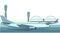 The airport. Passenger and cargo planes at the airport. Summer landscape. Outside view. Runway. Towers and hangars. Isolated on