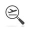 airport plane departure icon with magnifying glass on white background, search air flight sign flat