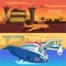 Airport, planes and sea or ocean with ships