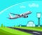 Airport with Runway and flying Plane Concept Illustration. Template for Infographic.