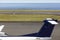 Airport runway near the ocean with aeroplane tale wing detail