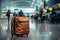 In the airport\\\'s hustle, a luggage bag fades into the blurred backdrop