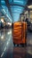 In the airport\\\'s hustle, a luggage bag fades into the blurred backdrop