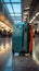 In the airport\\\'s hustle, a luggage bag fades into the blurred backdrop