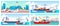 Airport and seaports flat color vector illustrations set