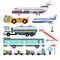 Airport service vehicles and planes vector isolated icons