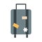 Airport suitcase with stickers, travel transport terminal tourism or business flat style icon