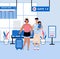 Airport terminal with family in departure hall, sketch vector illustration.