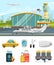 Airport terminal illustration, aircraft and different specific icons set