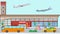 Airport terminal vector illustration. Happy people standing in front of airport buildings facade. Stop of transportation