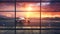 airport windows with view outside on airplane on sunset