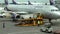 Airport workers in overalls containers are loaded with luggage on the plane with the lifting mechanism