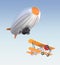 Airship and biplane flying in the sky