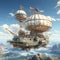 The airship flies across the sky. Fantasy air transport. Concept: a ship of the future flying over the city