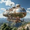 The airship flies across the sky. Fantasy air transport. Concept: a ship of the future flying over the city