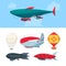 Airship. Flying balloons dirigible zeppelin for travellers freedom symbols air transport vector illustrations