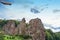 Airship, zeppelin flying over the Externsteine