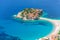 Airview at Sveti Stefan, small islet and hotel resort in Montenegro. Balkans, Adriatic sea, Europe