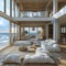 Airy beach house living room with white furniture and ocean views3D render