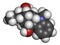 Ajmaline antiarrhytmic agent molecule.  3D rendering. Atoms are represented as spheres with conventional color coding: hydrogen (