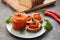 Ajvar pepper mousse in a jar and on a slices of bread