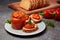 Ajvar pepper mousse in a jar and on a slices of bread