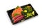 Akami or tuna and Salmon Sashimi fill with Pigeon pea and spicy Seaweed salad Japanese tradition food in delivery low cost box set