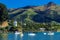 Akaroa, New Zealand. A view across the water to the historic lighthouse