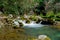 AKCHOUR, CHEFCHAOUEN, MOROCCO - Sep 01, 2018: Spring of fresh water passing through a valley and oleander trees in the mountains