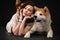 Akita inu Dog and young Woman, Japanese akita dog